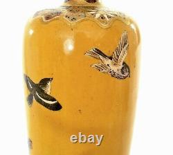 1900's Japanese Satsuma Earthenware Vase Peony Bird Marked Taizan Yohei