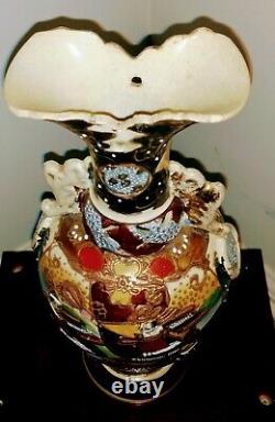 2 Antique Japanese Satsuma Ware Ceramic Vase 12.5 High