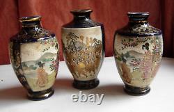 3 Japanese blue cobalt gilt satsuma porcelain vases hand painted Meiji signed