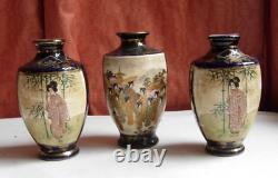 3 Japanese blue cobalt gilt satsuma porcelain vases hand painted Meiji signed