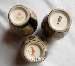 3 Japanese blue cobalt gilt satsuma porcelain vases hand painted Meiji signed