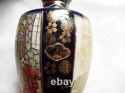 3 Japanese blue cobalt gilt satsuma porcelain vases hand painted Meiji signed