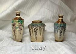 3 Kozan Signed Satsuma Miniature Vases Meiji Antique Japan Pottery Ceramic