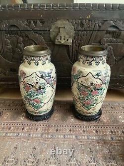 A Beautiful Pair Of Antique Japanese Satsuma Vase/Fitted For Oil Lamps