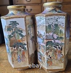 A Pair 22cm Tall Marked Kizan Japanese MEIJI PERIOD Hexigan Satsuma Vases