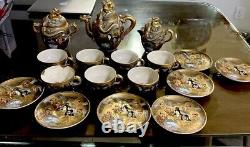 ANTIQUE JAPANESE SATSUMA MEIJI PERIOD DRAGON TEA SET 7 Cups & Saucers