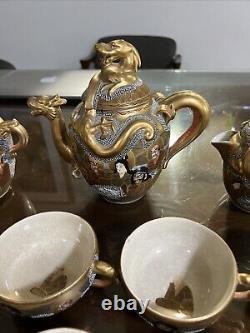 ANTIQUE JAPANESE SATSUMA MEIJI PERIOD DRAGON TEA SET 7 Cups & Saucers