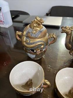 ANTIQUE JAPANESE SATSUMA MEIJI PERIOD DRAGON TEA SET 7 Cups & Saucers