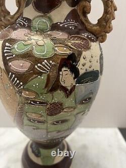 ANTIQUE JAPANESE SATSUMA VASE MEIJI PERIOD 12 Tall Double sided HAND PAINTED