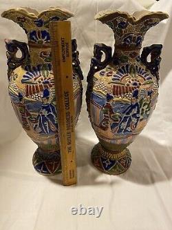 ANTIQUE Japanese MORIAGE SATSUMA Earthenware Double-Handled 12-1/2 Vase Pair