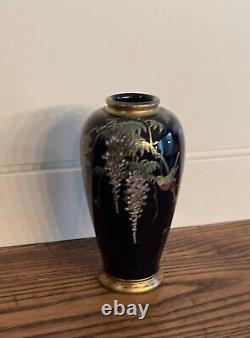 ANTIQUE Meiji Era Satsuma Cobalt Blue Enamel & Gold Vase-Wisteria & Birds-Signed