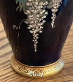 ANTIQUE Meiji Era Satsuma Cobalt Blue Enamel & Gold Vase-Wisteria & Birds-Signed