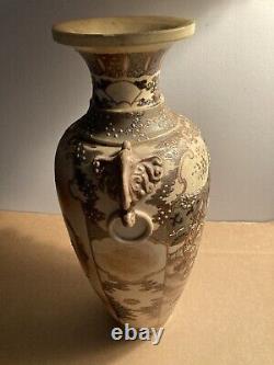 Antique, 1900 Japanese Satsuma Vase, 18 Tall With Elephant Ear Handles