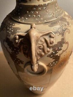 Antique, 1900 Japanese Satsuma Vase, 18 Tall With Elephant Ear Handles