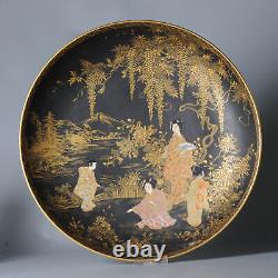 Antique 19th C Yasui Japanese Satsuma Large Dish Gold on Black Wisteria Lands