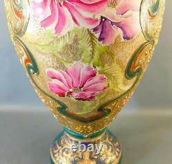 Antique Hand Painted Floral Peonies Gilded Japanese Moriage Satsuma Vase Marked