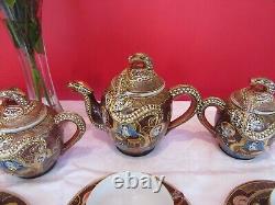 Antique Hand Painted Japanese Satsuma Moriage Geisha Dragon Ware Tea Set 21 Pcs