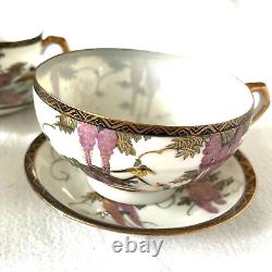 Antique Handpainted Japanese Satsuma Kutani Eggshell Porcelain Birds Wisteria AY