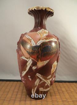 Antique Japanese 1900s Satsuma Ceramic Vase Red Bird Art Nouveau Japan 7 1/2