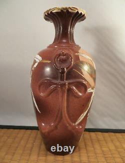 Antique Japanese 1900s Satsuma Ceramic Vase Red Bird Art Nouveau Japan 7 1/2
