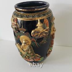 Antique Japanese Asian Satsuma Moriage Vase Raised Scenes Signed & Table Lamp