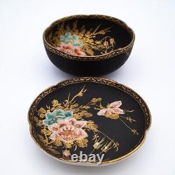 Antique Japanese Black Satsuma Pottery Bowl and Dish by Shuzan Early 20th c