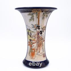 Antique Japanese Blue-Ground Satsuma Pottery Trumpet Vase by Kusube Meiji Era