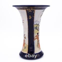 Antique Japanese Blue-Ground Satsuma Pottery Trumpet Vase by Kusube Meiji Era