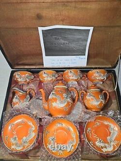 Antique Japanese Boxed Satsuma Gilt Moriage Dragonware Tea Service 20th Century