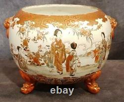 Antique Japanese Cachepot Satsuma Earthenware Planter Porcelain Flower Sign 20th