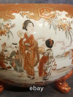Antique Japanese Cachepot Satsuma Earthenware Planter Porcelain Flower Sign 20th