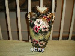 Antique Japanese Chinese Moriage Satsuma Vase Painted Flowers Handles Large