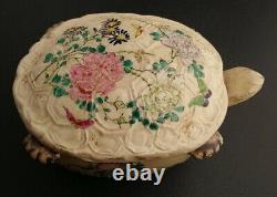 Antique Japanese Kinkozan Satsuma Turtle Box Lidded 14cm long Signed Marked