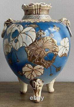 Antique Japanese Kyo-Satsuma Painted Vase 9.5 Signed Blue Gold Meiji Taisho