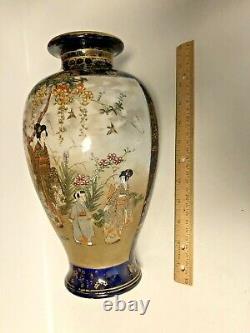 Antique Japanese Meiji Period Satsuma Vase Geishas Cobalt Blue 11 3/4 SIGNED