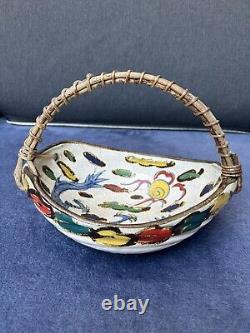 Antique Japanese Meiji kyoto satsuma dragon clouds porcelain basket with handle