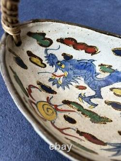 Antique Japanese Meiji kyoto satsuma dragon clouds porcelain basket with handle