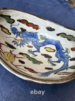 Antique Japanese Meiji kyoto satsuma dragon clouds porcelain basket with handle