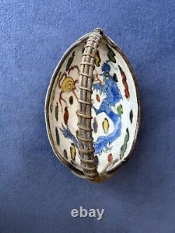 Antique Japanese Meiji kyoto satsuma dragon clouds porcelain basket with handle