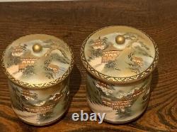 Antique Japanese Meji Period Satsuma Wedding Tea Cups with Poetry Calligraphy