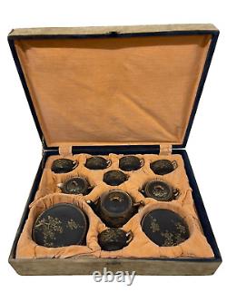 Antique Japanese Satsuma Boxed Tea Set matt black gilt 20 pieces unused