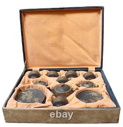 Antique Japanese Satsuma Boxed Tea Set matt black gilt 20 pieces unused