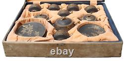 Antique Japanese Satsuma Boxed Tea Set matt black gilt 20 pieces unused