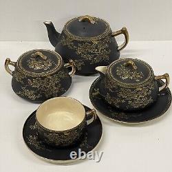 Antique Japanese Satsuma Boxed Tea Set matt black gilt 20 pieces unused