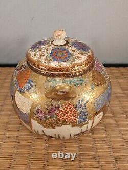 Antique Japanese Satsuma Ceramic Painted Tea Pot Flowers & Nobles Signed Japan