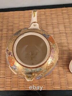 Antique Japanese Satsuma Ceramic Painted Tea Pot Flowers & Nobles Signed Japan
