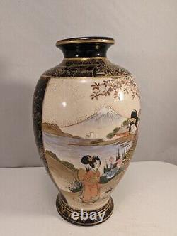 Antique Japanese Satsuma Cobalt Blue Ceramic Vase KUSUBE Mt Fuji Geisha 1800s