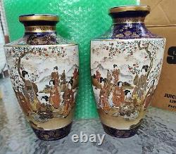 Antique Japanese Satsuma Cobalt Hand Painted Scenic Pair Vases