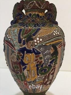 Antique Japanese Satsuma Earthenware Double Handle Urn Vase, 12 1/2 Tall