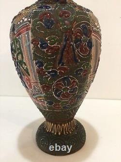 Antique Japanese Satsuma Earthenware Double Handle Urn Vase, 12 1/2 Tall